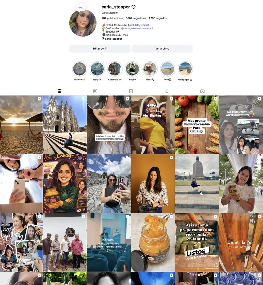 Vista del perfil y contenido de Carla Stopper en Instagram